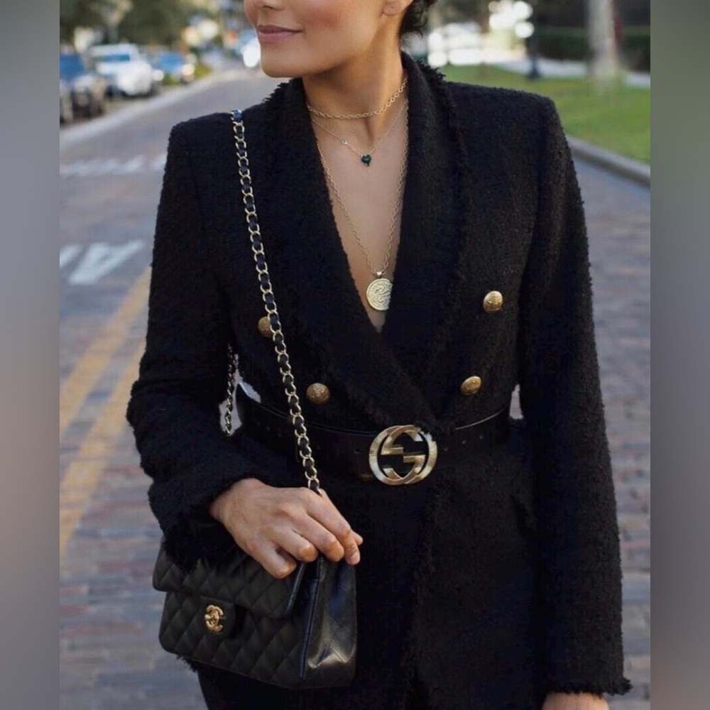 Zara Black Textured Blazer with Gold Buttons - Picture 1 of 7
